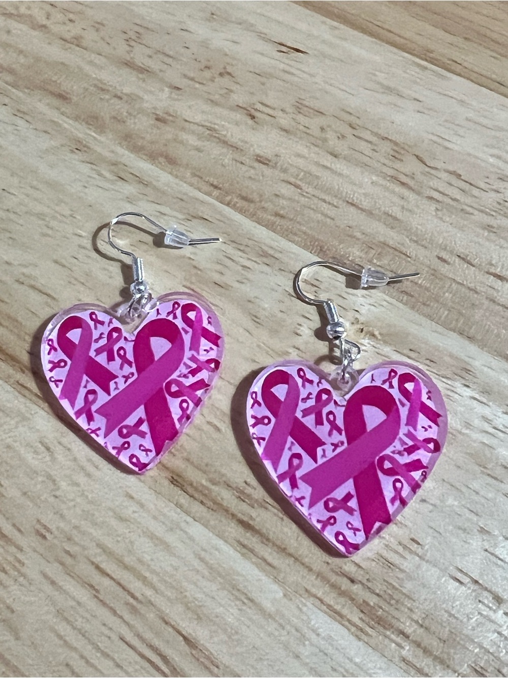 Pink Ribbon Heart Dangle Earrings - Support Awareness E216